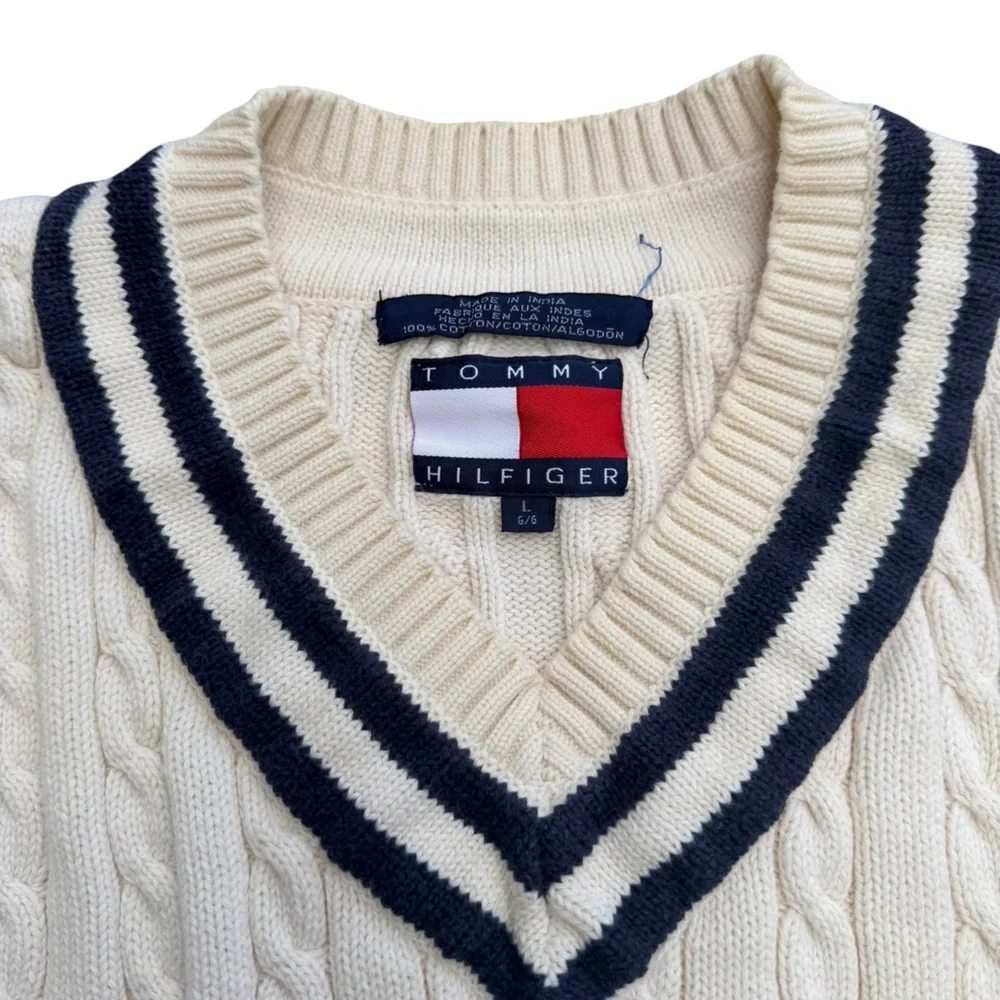 90s Tommy Hilfiger Crest Logo Cable Knit Sweater Vest - Picture 3 of 6
